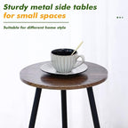 Metal Outdoor Side Tables Set of Two Small Outside Round End Table for Patio Modern Accent Garden Corner Table for Small Spaces, Balcony, Porch, Weather-Resistant Plant Stand Indoor, Woodgrain