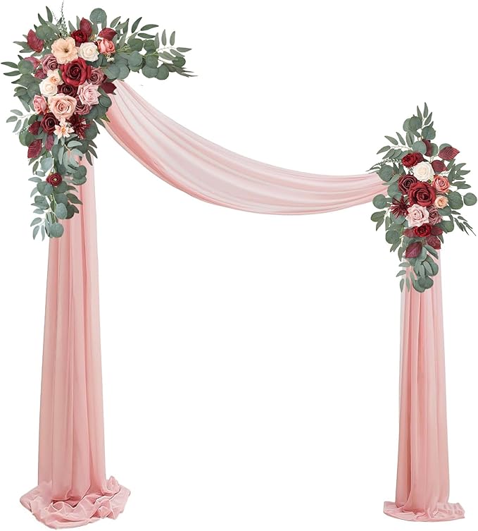 Artificial Flowers Arch Swag Kit with Chiffon Drape, Cream Red, 3-Piece