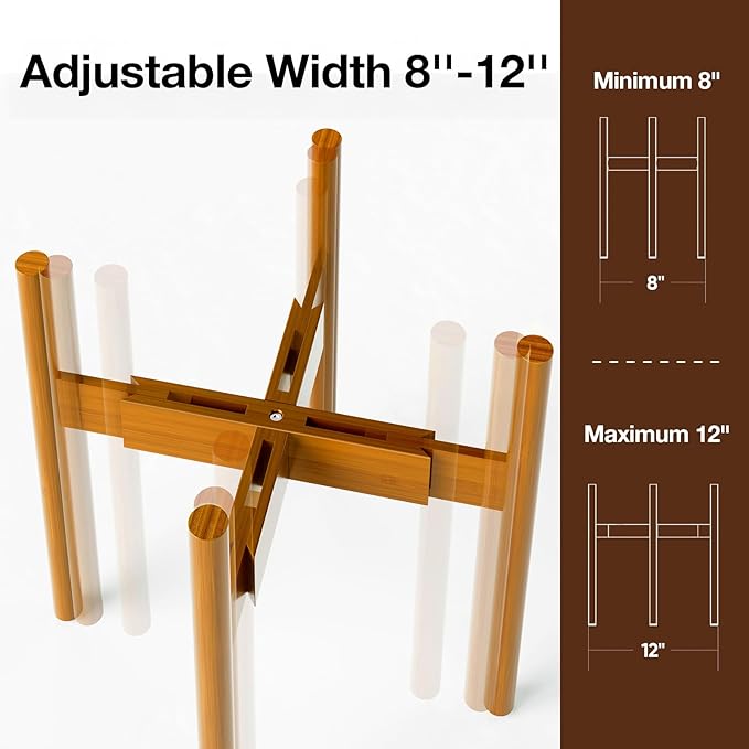 MUDEELA Plant Stand for Indoor Plants: Adjustable Width Fits 8-12 Inch Pots - Mid-century Modern Bamboo Plant Stand - 14.5 Inch Single Tier Small Floor Plant Holder, Pale Brown, 1 Pack (Without Pot)