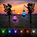 Solar Fairy Garden Lights Outdoor – Spring Decorations Yard Ornaments, Color-Changing LED Fairy Statue with Lantern, Solar Powered Garden Stakes for Patio, Lawn & Pathway Decor (Set of 2)