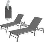 Kozyard 3-Pieces Patio Lounge Set, 2 Foldable Adjustable Lounge Chairs and Side Table, Aluminum Frame, Breathable Textilene Fabric, Assemble-Free, Reclining to Flat for Pool, Beach (Gray)