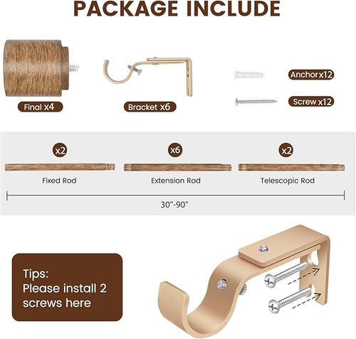 1” Diameter Curtain Rods Itself is 30 to 90 inch 2 Pack Fit 30-84 inch Window with Heavy Duty Adjustable Rod Matte Wood Grain Splicing Metal Extra Long Curtain Rod for Windows