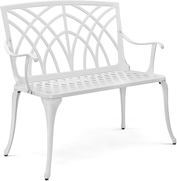VINGLI 38" Outdoor Bench Cast Aluminium Garden Bench, Orchid Porch Benches Patio Benches Deck Furniture for 1-2 Person Seat(White)