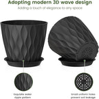 7 inch Plant Pots for Indoor Outdoor Plants, 5 Pack Thick Flower Pots with Drainage Holes and Saucers, 3D Modern Wave Texture Plastic Planter Pots for House Plants, Black