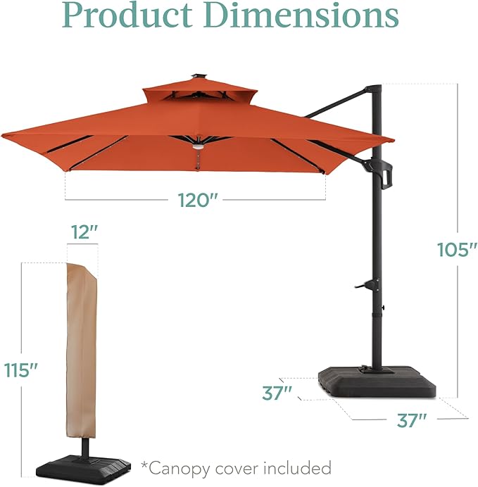 Best Choice Products 10x10ft Cantilever Patio Umbrella w/Base Included, Solar LED Lights 360 Rotation Large Offset Hanging Outdoor Shade for Deck Pool Backyard w/Stand – Rust