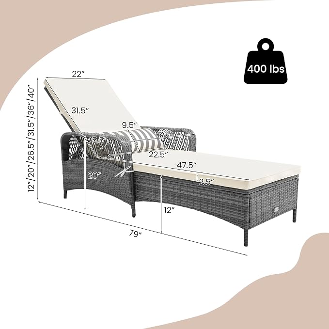 Patio Lounge Chair, Rattan Reclining Chaise with 6-Position Backrest