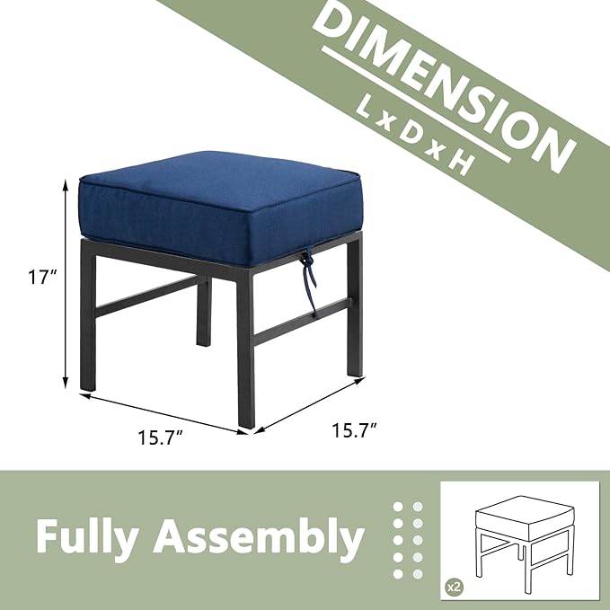 2 Pieces Outdoor Ottomans for Patio, Assembled Patio Ottomans with Bule Cushions, Metal Small Outdoor Footrest for Patio Porch Yard Garden Deck, Gray Frame
