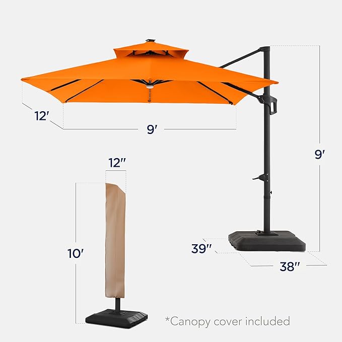 Best Choice Products 9x12ft LED Cantilever Patio Umbrella w/Base Included & 360° Rotation, Large Solar Offset Hanging Outdoor Sun Shade for Deck, Backyard Table w/Stand & Lights – Orange