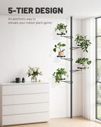 Tension Rod Plant Stand, 5 Tier Tension Pole Plant Stand with 5 Metal Trays, Plant Poles for Hanging Plants Indoor, Floor to Ceiling Plant Pole Hanging Plant Stand