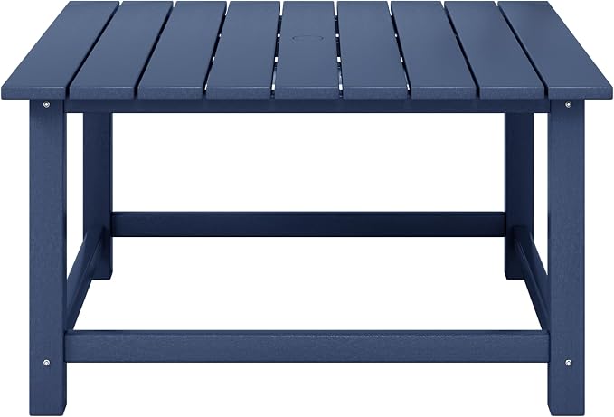 Coffee Table, Navy Blue HDPE Square Outdoor Patio Table with Umbrella Hole