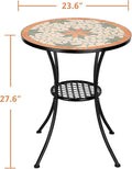 Side Table, Round Outdoor Bistro Table with Mosaic Design, Black Iron Frame