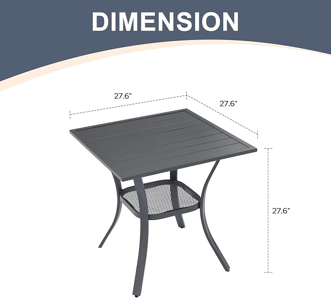 Patio Dining Table, 27.6-Inch Square Metal with Shelf, Dark Grey