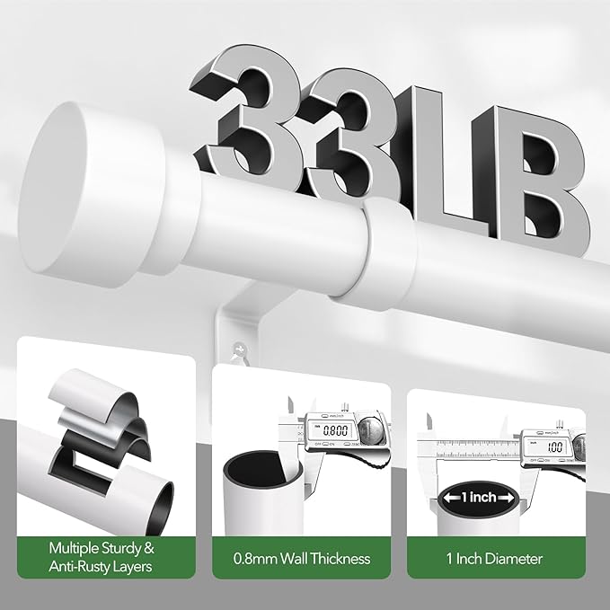 Curtain Rods for Windows 66 to 120, 1 Inch Adjustable White Extra Long Heavy Duty Curtain Rod, Modern Style Indoor Outdoor Window Drapery Rods with End Caps, Size 32" - 120"