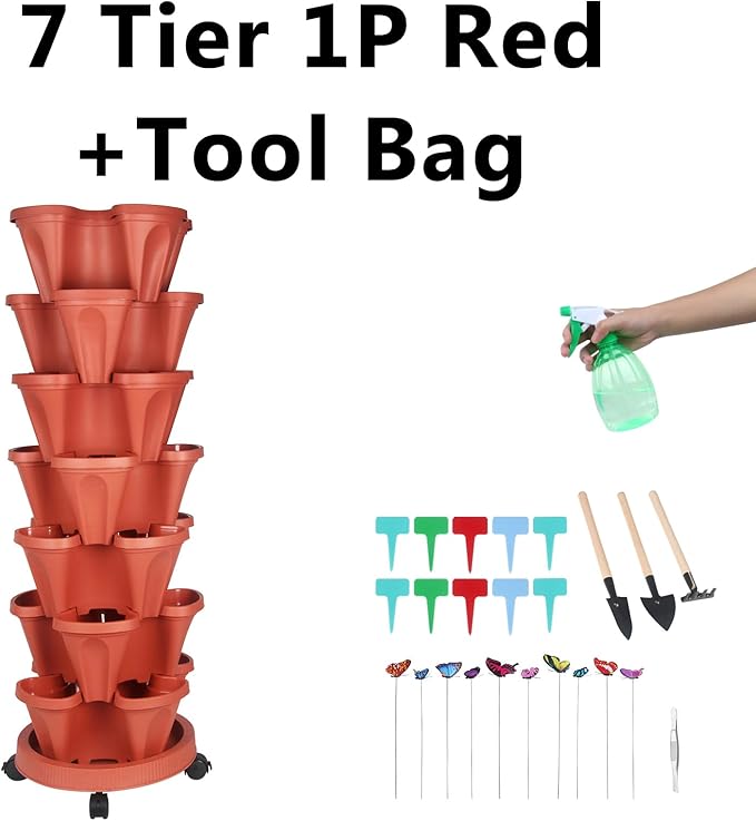 GameXcel Vertical Planter, 7 Tier Stackable Strawberry Planter with Garden Tool Set, Movable Indoor/Outdoor Garden Herb Pot for Growing Vegetables and Succulents, Red