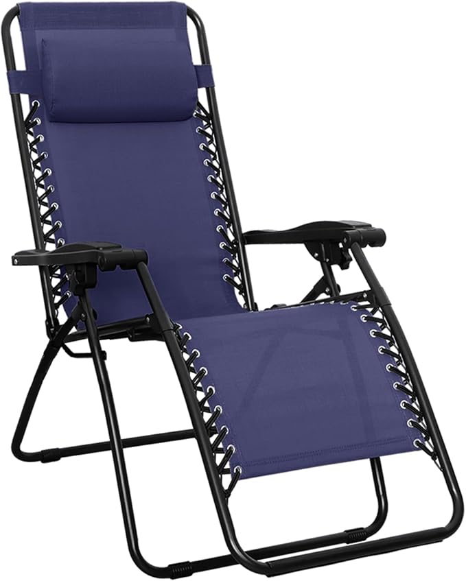 Amazon Basics Outdoor Patio Zero Gravity Lounge Chair with Pillow, Folding Reclining and Textilene Adjustable, Folding Lounge Lawn Chairs for Outside, 26", Blue