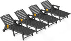 Outdoor Lounge Chair Set of 4, All Weather Patio Chaise Lounge Chair for Outside, HDPE Chair with Rolling Wheels & Cup Holder, 5 Position, Deck, Pool, Black