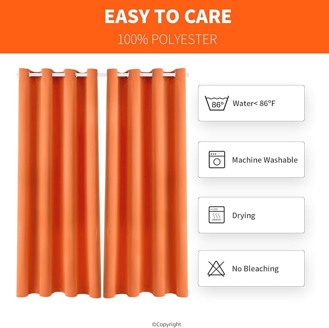 Water Proof Outside Curtains with Grommet Top for Porch, W52 x L120 Thermal Insulated Washable Outdoor Divider Drapes for Patio Gazebo Deck Pool Area Pergola Cabana (Orange, 2 Panels)