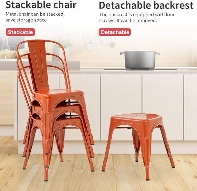 Set of 4 Metal Dining Chairs, Orange