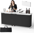VINGLI 78" Portable Bar Table, 2-Tier Shelves, Mobile Bar Table for Events, Party, Camping, Picnic, Tradeshow, Indoor with Black Skirt
