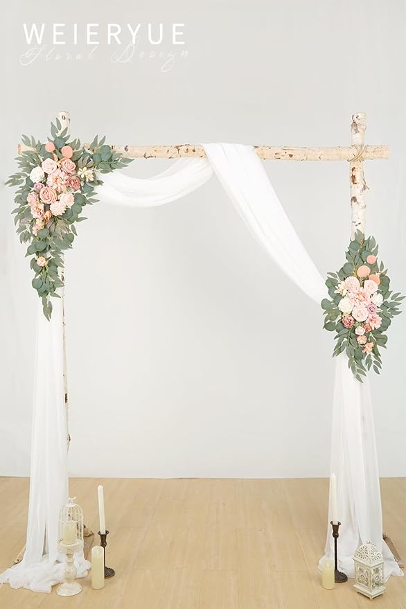 Artificial Flowers Wedding Arch Swag Kit, Pink with White Chiffon Drape