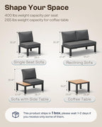 Aluminum Outdoor Patio Sofa Set, 2 Seats Modular Sectional Sofa with Side Table, Thick & Removable Cushions, All-Weather Outdoor Conversation Sets for Garden & Yard, Graphite