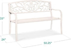 Best Choice Products Outdoor Bench Steel Garden Patio Porch Furniture for Lawn, Park, Deck w/Floral Design Backrest, Slatted Seat - White