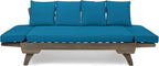 Merax Outdoor Patio Daybed Sofa,3-Seat Sofa with Foldable Arm 4 Back Pillows,Teak Acacia Wood Frame Beige Removable Cushion,Grey+Teal