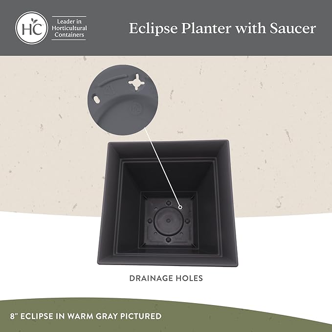 The HC Companies 6 Inch Eclipse Square Planter Pots with Drainage Holes & Attached Saucer, Lightweight UV-Resistant Plastic Indoor Outdoor Planters, 4-Pack Flower Pots for Garden Home Decor, Sandstone