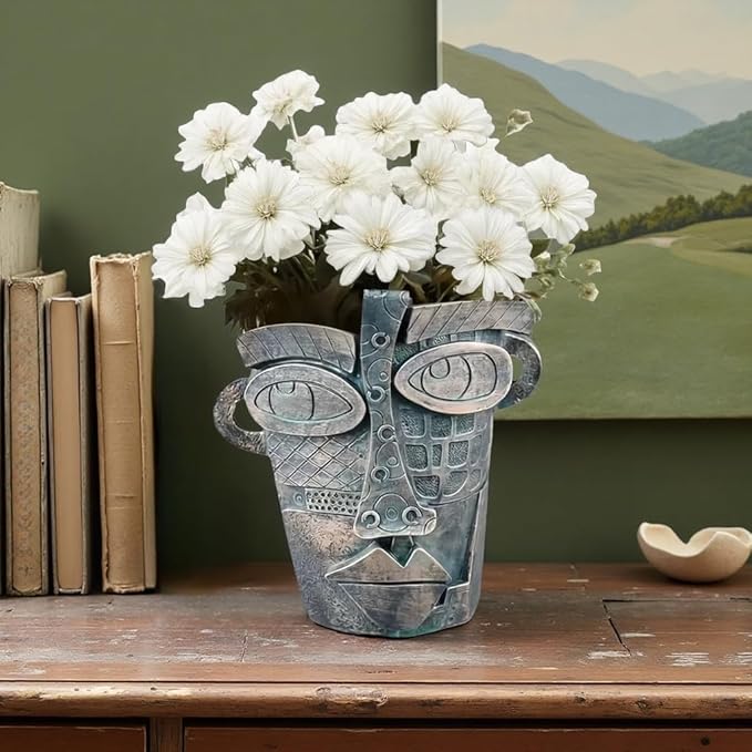 Picasso Abstract Face Flower Pot,Unique Resin Crafted Planter with Drainage Holes,Interesting Colorful Planter with Human face,for Indoor and Outdoor Botanical Home décor (Bronze)