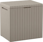 Keter City 30 Gallon Resin Outdoor Storage Box & Patio Side Table for Balcony, Pool, Deck & Garden Accessories, Weather‑Resistant, Beige