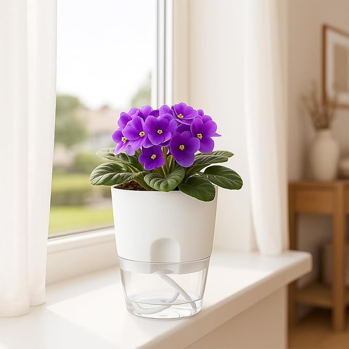 Planterhoma 3 Pack Self Watering Pots for Indoor Plants, 6 Inch Plant Pot Plastic Self Watering Planter for Orchid, African Violet, Small Clear Flower Pots with Drainage Holes and Wicking Rope, White