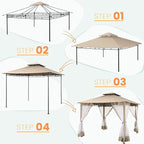 COBIZI Gazebo 10x10 Heavy Duty Gazebos with Improved Nettings Outdoor Gazebo Double Roof Patio Gazebos with Metal Steel Frame Outdoor Canopy for Patio, Deck, Backyard (Khaki)