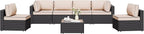 Shintenchi 7 Pieces Outdoor Patio Sectional Sofa Couch, Wicker Furniture Conversation Sets with Washable Cushions & Glass Coffee Table for Garden, Poolside, Backyard (Khaki)