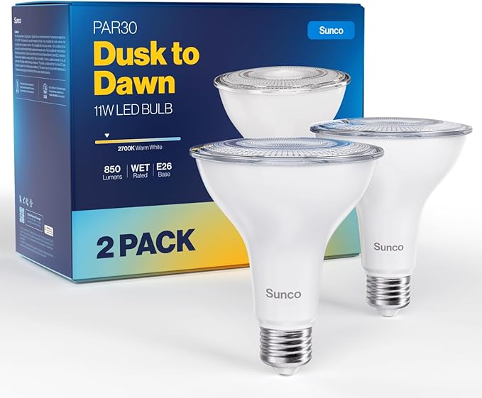 Sunco 2 Pack PAR30 LED Dusk to Dawn Light Bulbs, 850 Lumens, 11W, 2700K Soft White, Non-Dimmable, E26, Wet Rated Outdoor Flood Light Bulb with Photocell Sensor, for Porch, Patio, Backyard, UL