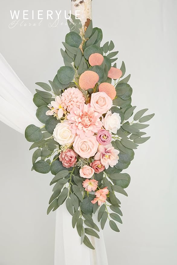 Artificial Flowers Wedding Arch Swag Kit, Pink with White Chiffon Drape