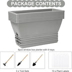 Window Box Planter, 6 Packs 17 Inches Rectangle Planters Box with Drainage Holes and Trays, Vegetable Planters for Windowsill Patio Garden Home Decor Porch Yard Light Gray