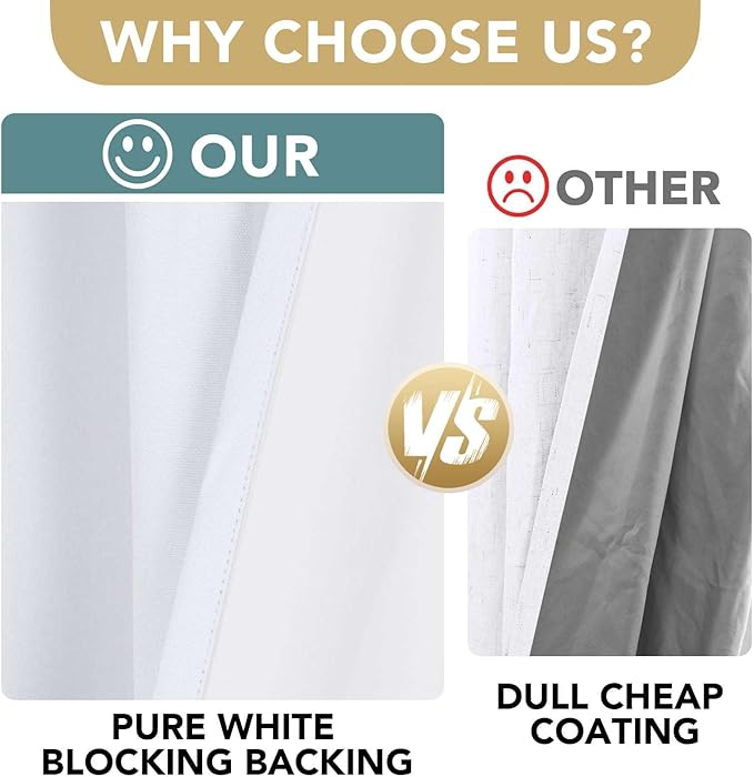 H.VERSAILTEX Primitive Polyester and Acrylic Curtains 100% Blackout Curtain Drapes Burlap Curtains with White Thermal Insulated Liner, Grommet Top Drapes (2 Panels, 42 x 84 Inch, Bright White)