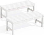 SERWALL 47 Inches Outdoor Bench Set of 2, All Weather HDPE Backless Bench with Wood Grain Texture for Garden Porch and Park, Curved Bench Seat for Comfort, White