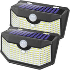 HMCITY 120 LED Outdoor Solar Lights with Motion Sensor and 3 Lighting Modes, IP65 Waterproof Wide Solar Wall Lights Ideal for Garden Patio Yard (Front Button 2Packs, Black Shell-Daylight White)