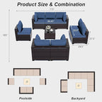 ALAULM Patio Furniture Set with Coffee Table, 9 Pieces Outdoor Sectional with Wide Seat and Thick Cushion, All Weather Wicker Rattan Conversation Set for Backyard, Garden, Deck, NavyBlue