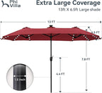 PHI VILLA 13ft Patio Umbrella with Solar-Powered 120 PCS LED Color-Changing Lights, Triple-Head Large Rectangle Umbrella Outdoor Patio for Table with Crank Lift,Dark Red(No Base)