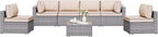 Shintenchi 7 Pieces Outdoor Patio Sectional Sofa Couch, Silver Gray PE Wicker Furniture Conversation Sets with Washable Cushions & Glass Coffee Table for Garden, Poolside, Backyard (Khaki)