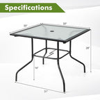 Tangkula 35 Inch Patio Dining Table with Tempered Glass Top, Square 4-Person Outdoor Bistro Table with 1.5" Umbrella Hole & Sturdy Metal Frame, Patio Dining Table for Backyard, Lawn, Deck & Poolside