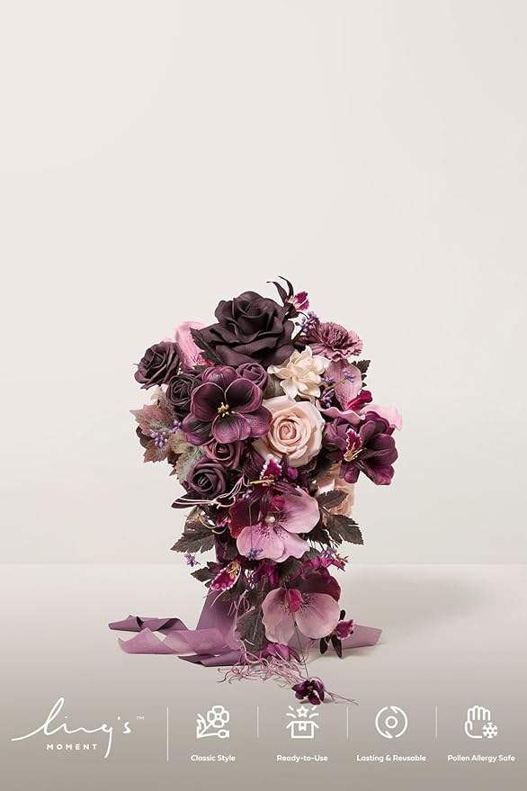 Artificial Flowers Plum Cascade Wedding Bouquet, Silk with Pearls, 13 Inch