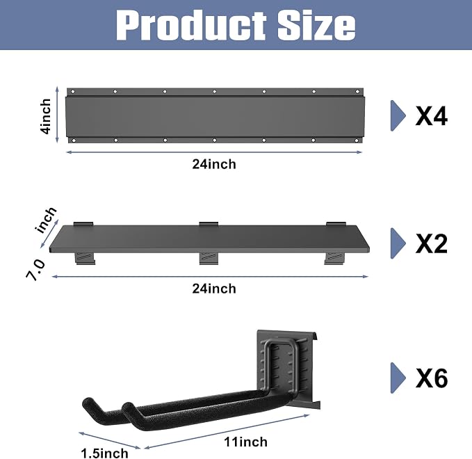 Storage Rack for Garden Tools, Metal with 6 Double-Prong Hooks
