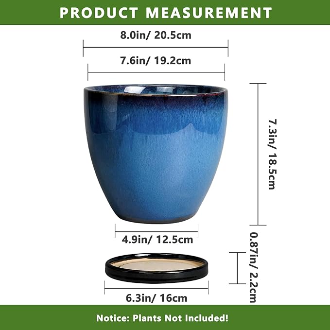 8 Inch Planter - Ceramic Plant Pot with Drainage Hole and Tray Round Planter Modern Flower Pot for Room Home Office Patio Porch Garden Decor Blue