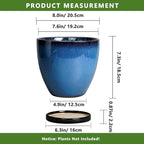 8 Inch Planter - Ceramic Plant Pot with Drainage Hole and Tray Round Planter Modern Flower Pot for Room Home Office Patio Porch Garden Decor Blue