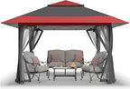 CROWN SHADES 11x11 Pop Up Gazebo, Patented One Push Outoor Canopy Tent with Wheeled STO-N-Go Cover Bag, Pop Up Canopy with Netting for Patio, Backyard (11x11, Red &Grey)