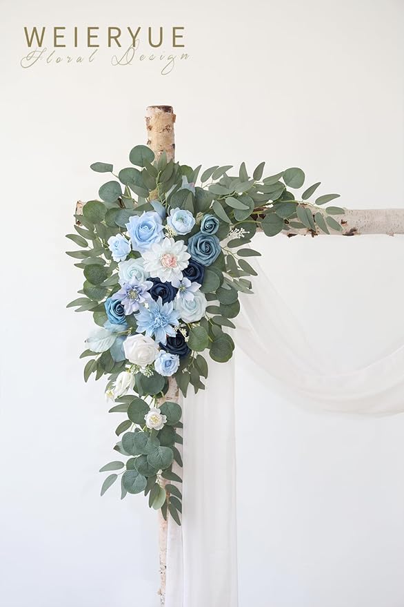 Artificial Flowers Wedding Arch Swag Kit, Blue, 3-Piece with Chiffon Drape