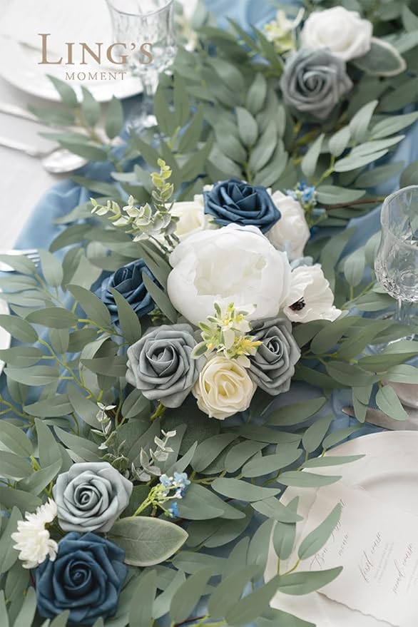 Artificial Flowers Garland, 6 Ft Dusty Blue Rose and Eucalyptus Vine